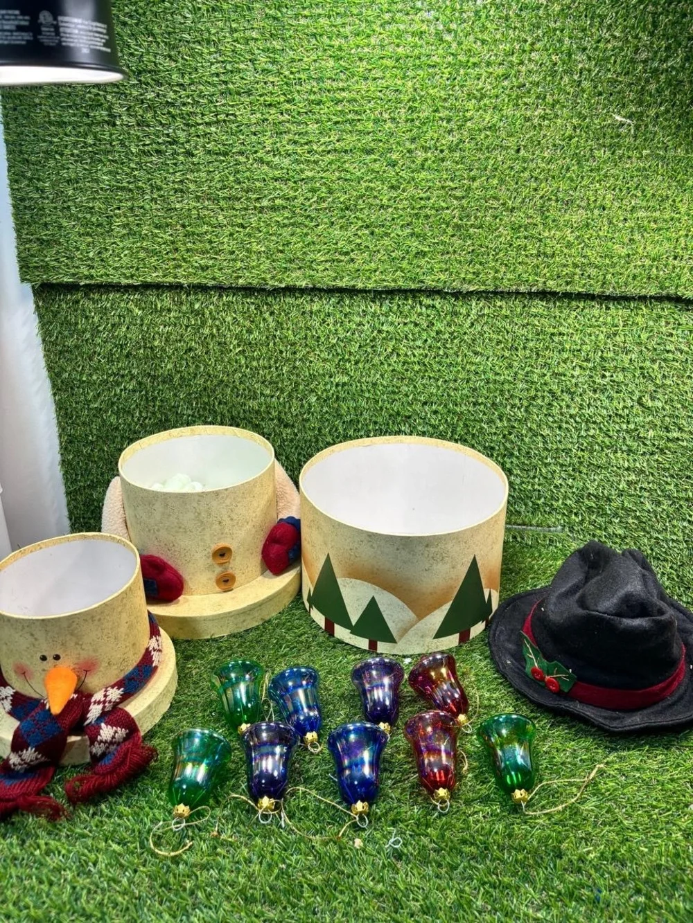 Snowman Nesting Boxes Christmas Decor and 8 Glass Bell Ornaments